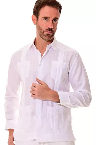 Bohio Mens 100% Linen Cuban Guayabera Shirt - White Traditional 4-Pocket- MLS501