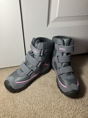 Kids Size 4 Grey and Pink Keen Waterproof Winter Boots with Hook&Loop Closure