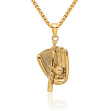 14K Solid Yellow Gold Baseball Glove Bat Necklace