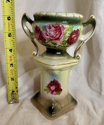 Antique Austrian Vase Urns 1920's Austria Hand Painted Roses On Pedastal -A12