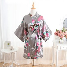 New Bride Women Kimono Robe Satin&Silk Night Dressing Gown 35inch Silver gray