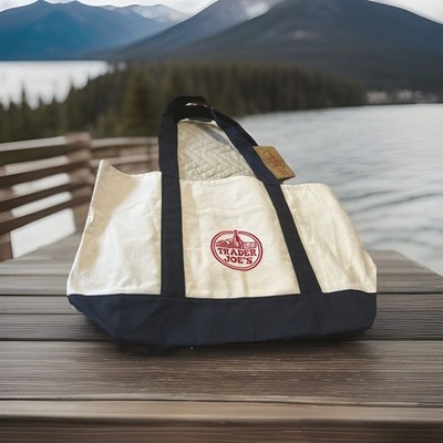 Trader Joe's Lg. Heavy Cotton Canvas Tote NWT Navy Trim Red Embroid. Logo     