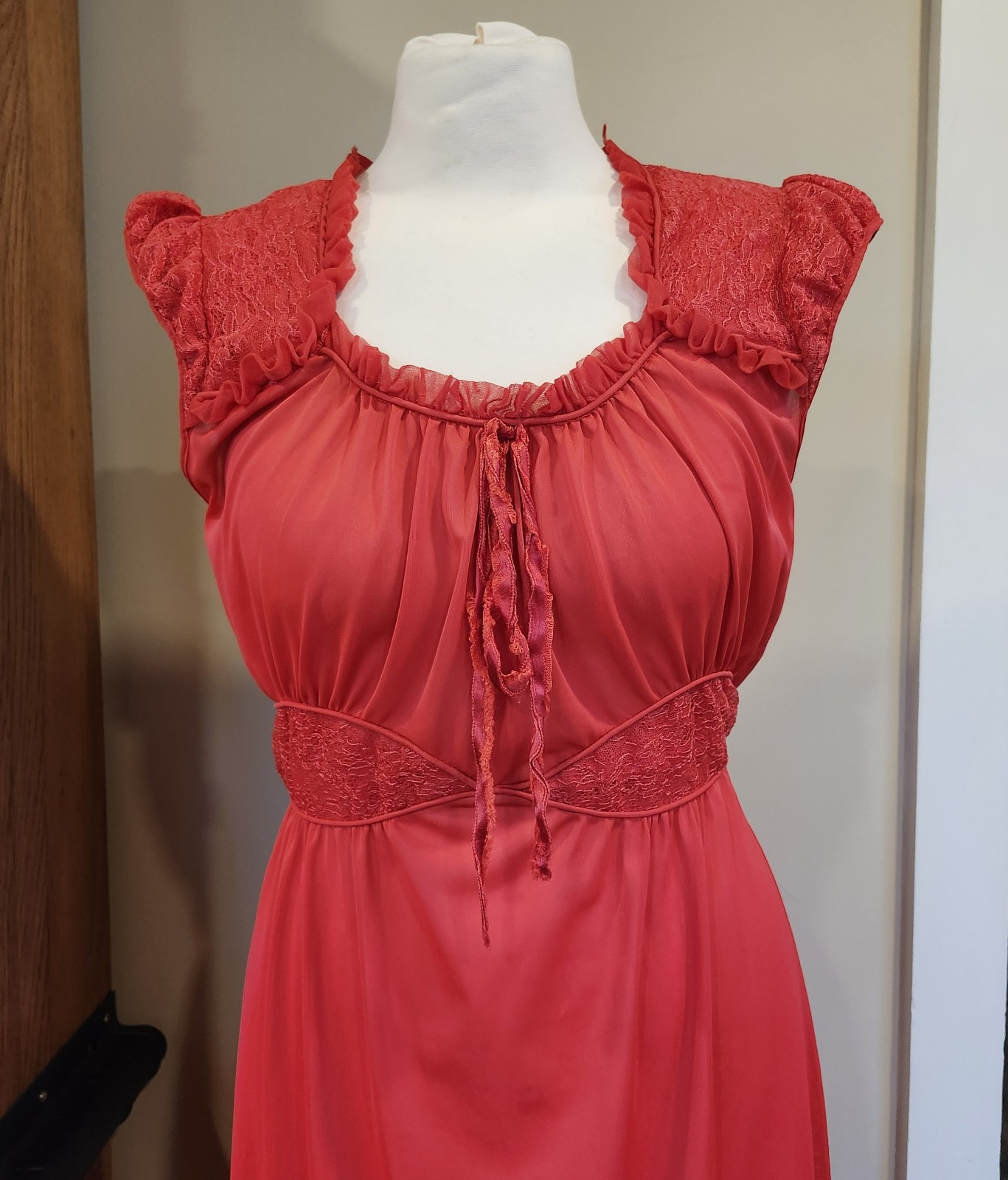 Vtg Carol Brent Red Nylon Semi Sheer Nightgown Size 36 Long Lace Sleeveless 