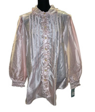 Vintage 80s MISS ELAINE Pink Ruffle Victorian Modest High Neck Pajama Top L NWT