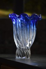 Large 7.5" Swirled Heavy Glass Vase with Blue Rippled Rim