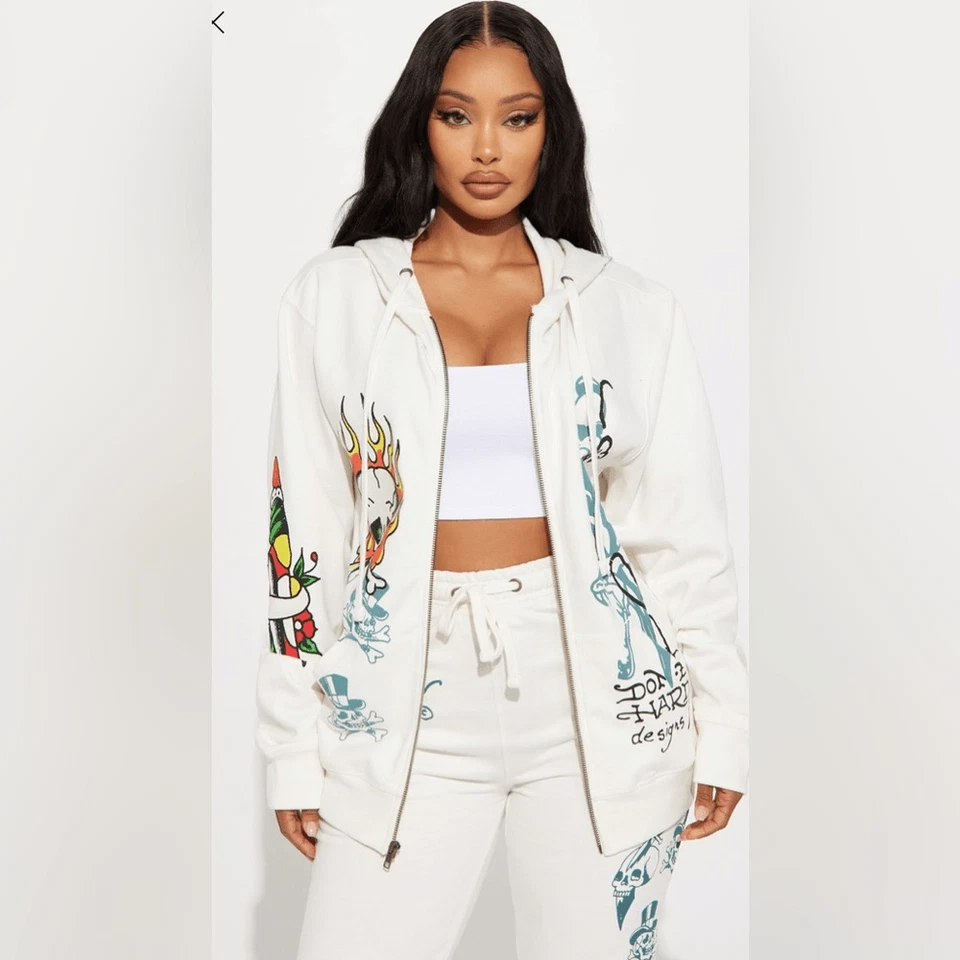 Sudadera con capucha blanca Ed Hardy con arte de calavera y llama Foto 4 de 4