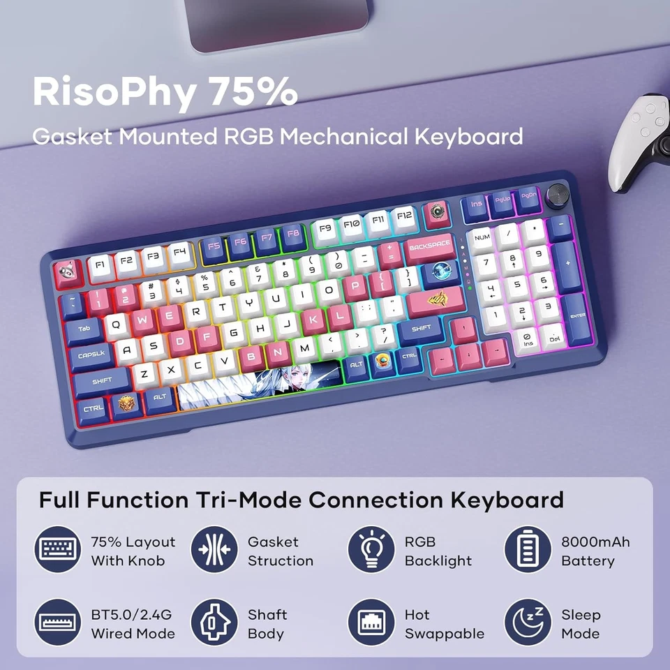 Bluetooth/2.4GHz/Wired Wireless RGB Gaming Mechanical Keyboard Hot-Swap 98 Keys - Image 3 of 4