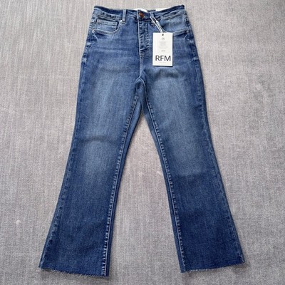 RFM Women's High Rise Flare Jeans Medium Wash Distressed Raw Hem Size 3/26