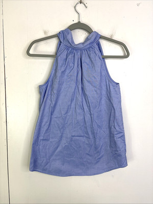 J Crew Top Womens 00 Oxford Sleeveless High Neck Bow Tie Halter Cotton Blue