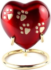 Heart Shaped Mini Pet Urn With Stand  Case, Brass, 2.9", Red W/Gold Paw Prints