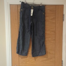 New Next Tencel Linen Blend Navy Blue Cropped Cargo Trousers Wide Leg Size 8