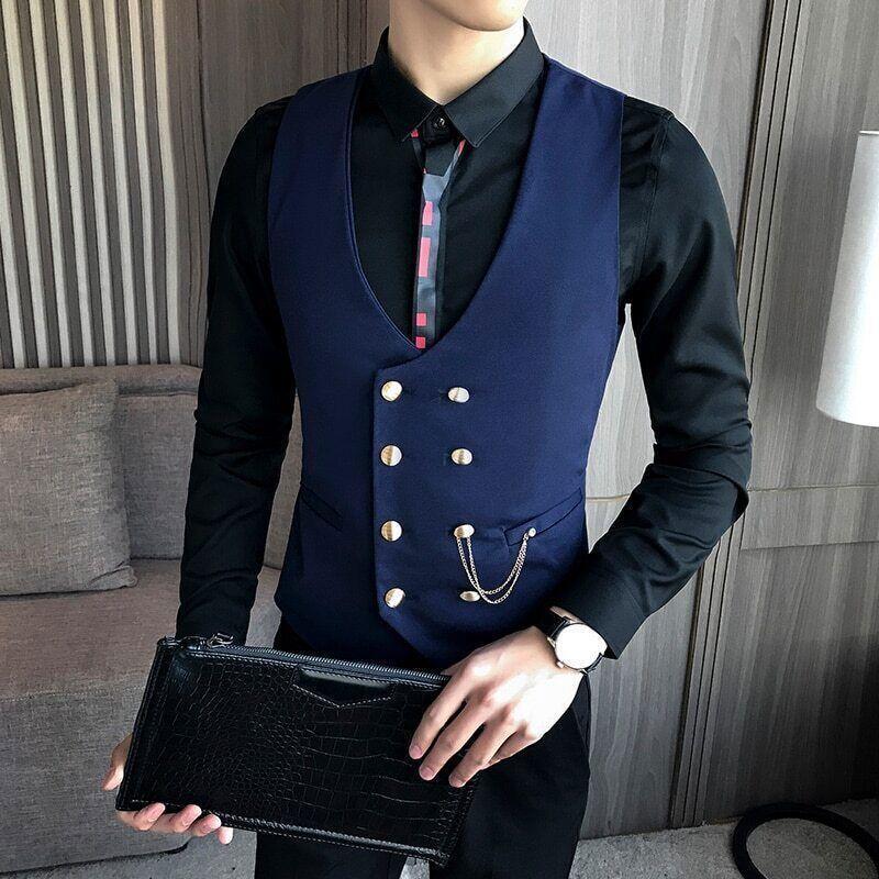 Men's Slim Double Breasted Vest Sleeveless Vest Suit Black Dress