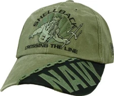 U.S. Navy Shellback Hat "Crossing the Line" - USN Washed OD Green Baseball Cap