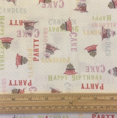 Fat Qtr Hullabaloo Happy Birthday Party Cake Words 100% Cotton Quilting Fabric