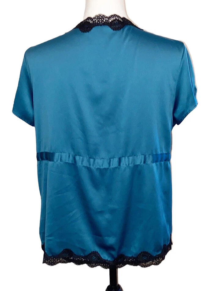 复古 90 年代 Y2K 上衣青少年 XL 缎面上衣花边装饰青蓝色丝质女性 — 第 3/4 张图片