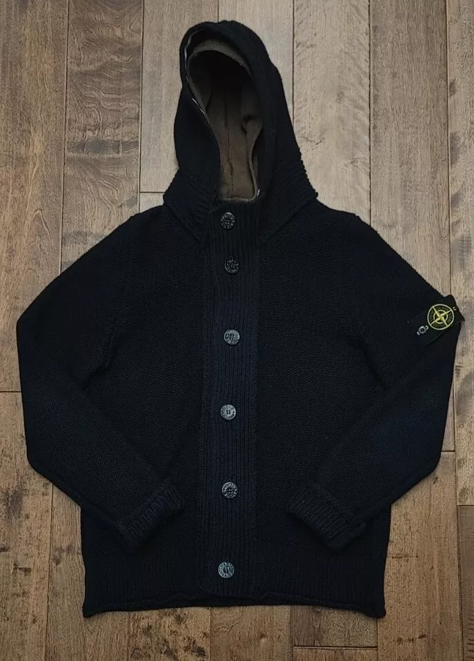 Stone Island Compass Patch Cable Knit Hooded 100% Wool Sweater