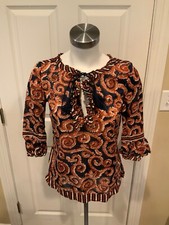 Tory Burch Blue & Orange Paisley Tunic w/Ruffle & Tassel Tie Neck Top, Size 0