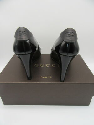 GUCCI◇パンプス/37/BLK/エナメル/オープントゥ/ヒール/グッチ