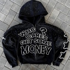 Mens Rhinestone Hoodie Long Sleeve Sweatshirts Ziper up Jacket Activewear Hoodie