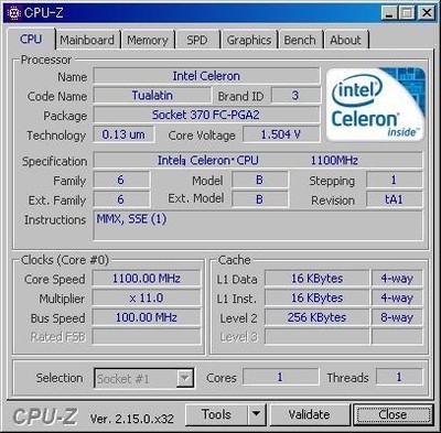INTEL Celeron 1.10 (1100A) GHz Socket370 Tualatin-256 Used Good