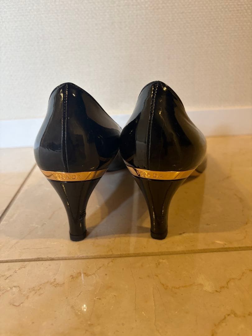 PRADA Black Patent Open Toe Heels Pumps 37.5 (7 US Women) Gold