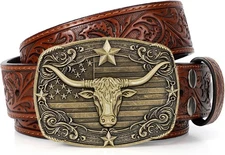 SANSTHS Western Cowboy Belts for Men Women, Mens Western Belt Bull Buckle Countr
