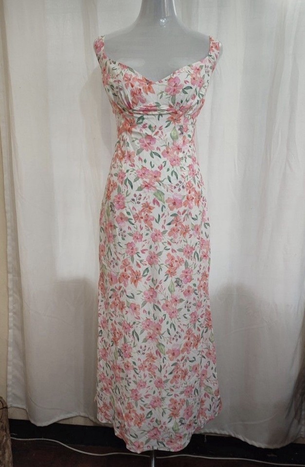 Luck & Trouble Size 12 Floral Slip Maxi Dress V-Neck Strappy Zip Pink/White