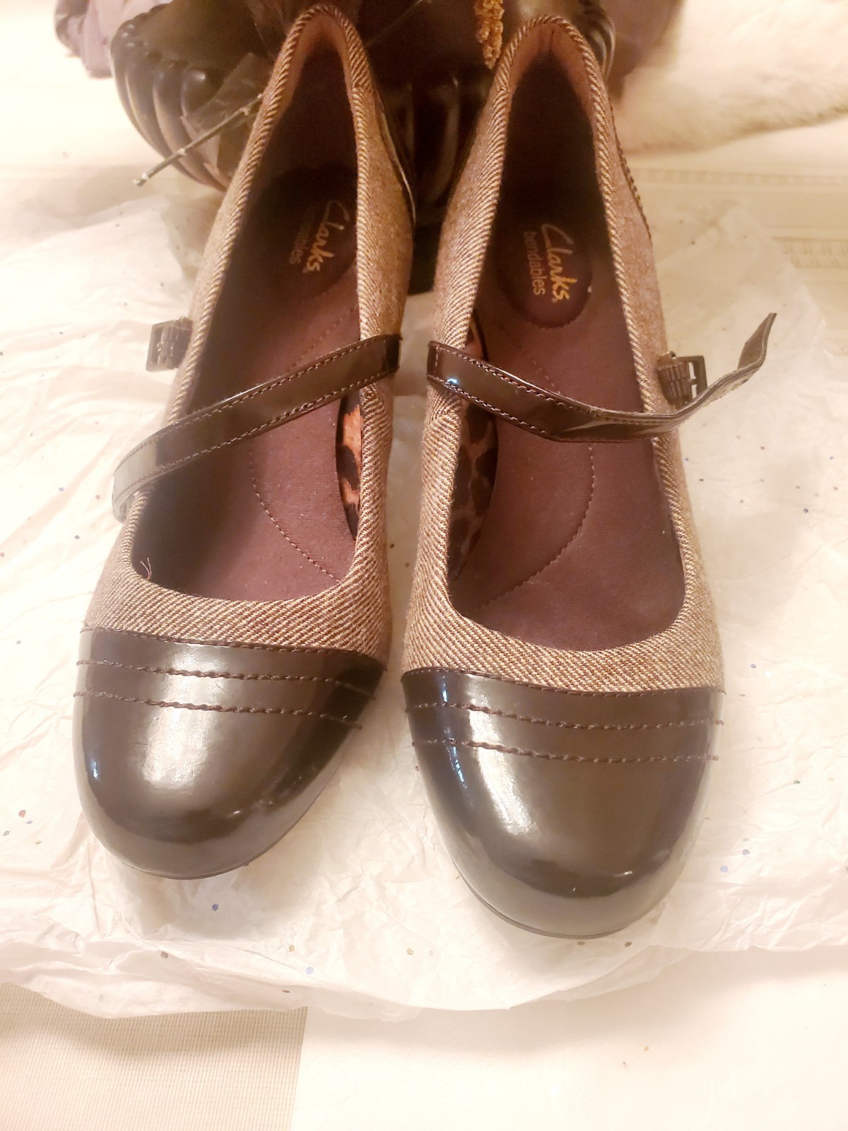 Clarks Bendables Mary Jane Shoes Size 10M • Brown Tweed / Herringbone • New