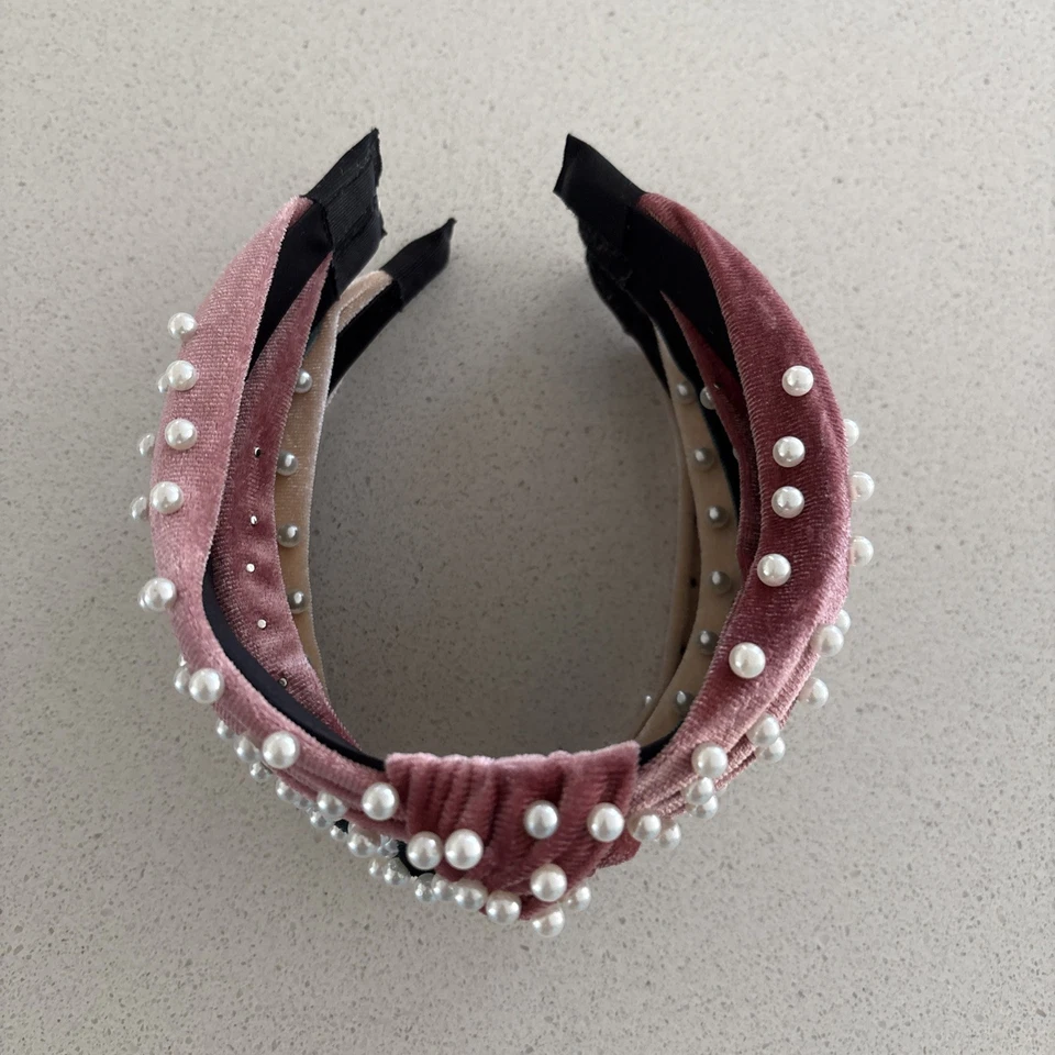 Conjunto de 3 accesorios de aro de pelo de nudo ancho perla diadema de terciopelo para mujer. Foto 2 de 4