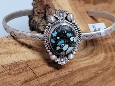Blue moon turquoise cuff w/ flower detail- SS 925  - full silver back - handmade