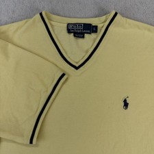 Polo Ralph Lauren Shirt Mens Large Yellow Ringer V Neck Pony Logo Cotton Tee