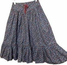 Vintage Cotton Calico Prairie Skirt XS Blue Pink Floral Boho Hippy LaceUp Pocket