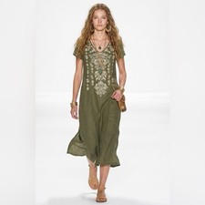 Kyla Seo Olive Green Embroidered 100% Linen V-Neck Midi Dress Womens XS