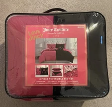 Juicy Couture QUEEN 8 Piece Reversible Bed Set Hot Pink Black Crowns Hearts NEW