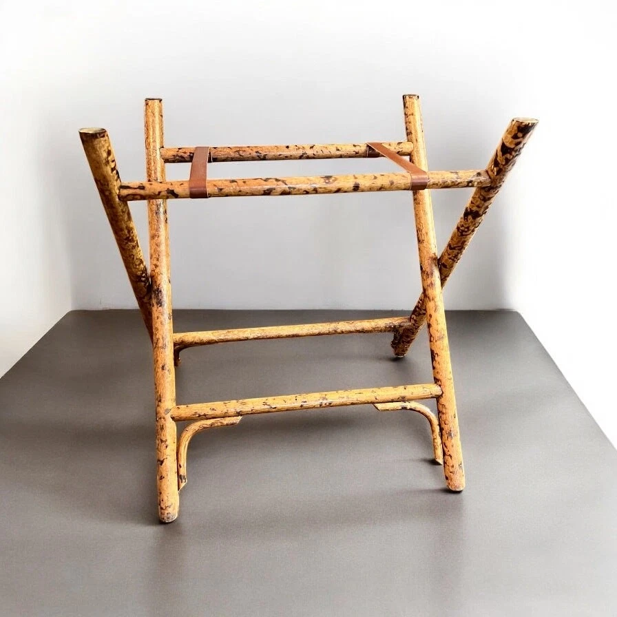 Vintage Burnt Tortoiseshell Bamboo & Rattan Tray Stand-Table-Foldable-Leather  - Image 3 of 4