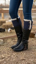 Women Boot Cover Toppers Pair Blue Winter Fabric Slip On White Crochet 2PCS