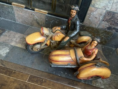 vintage hand-painted sculpture cast resin Men Women Motorcycle Side Car