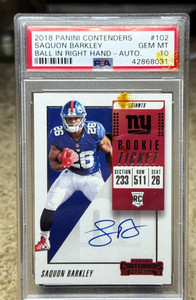 SAQUON BARKLEY RC AUTO BALL IN RIGHT HAND 2018 CONTENDERS PSA 10