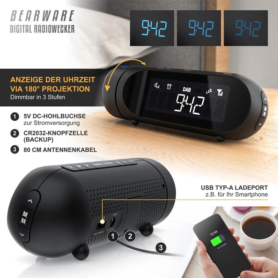 Bearware Radiowecker, DAB+, LCD Display, Uhrzeit Projektion, schwarz - Bild 4 von 4