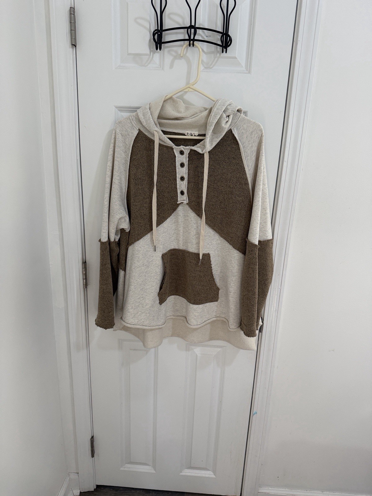 Pol Hooded Cropped Sweater Brown And Cream, Size Medium