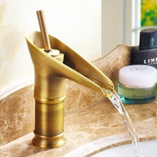 Antique Brass Single Handle Bathroom Sink Faucet Waterfall Vanity Basin Mixer