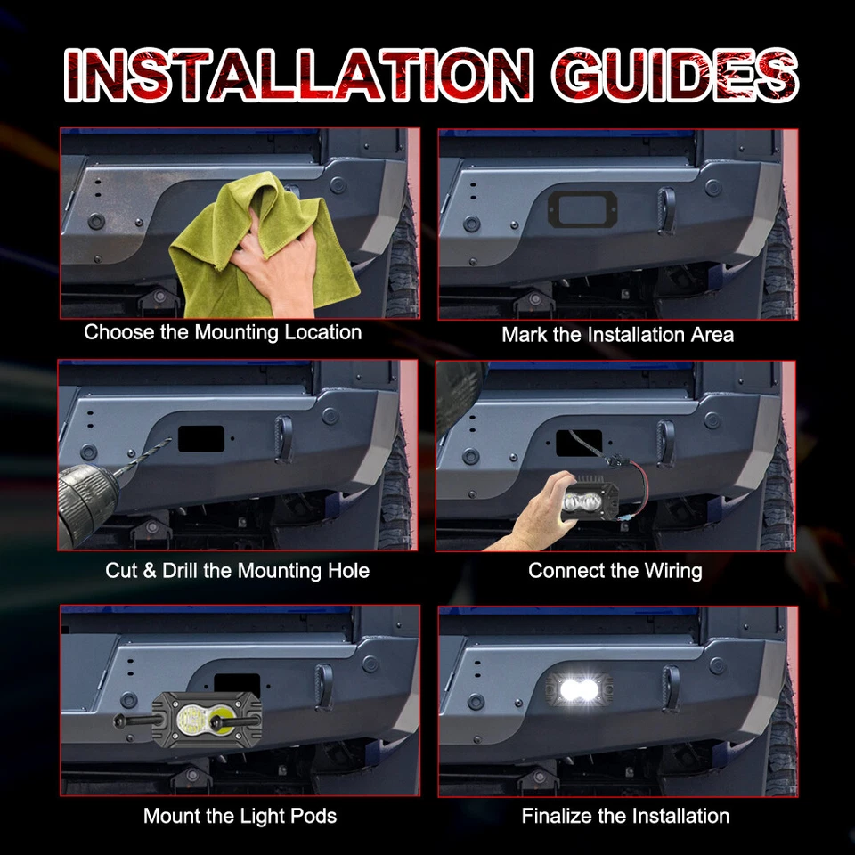 Combo de conducción de montaje empotrado deportivo de 4" negro escuadrón vainas de luz LED parachoques y cableado Foto 4 de 4