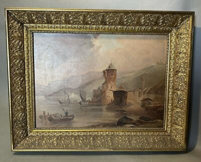 Antique Victorian Gilt Framed Harbor Village Scene Oil Painting on Canvas