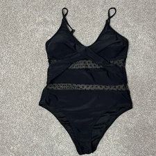 One Piece Swim Suit Women XL  Black Wrap Around Polka Dot Sheer Burnout