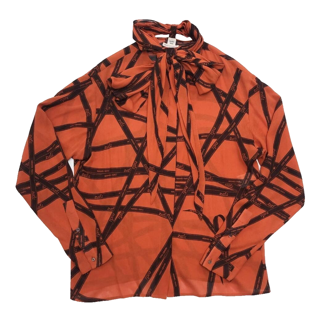 【SIZE:38】HERMES 長袖Tops HERMES Long Sleeve Shirt Blouse Silk Bowtie Women Size 38