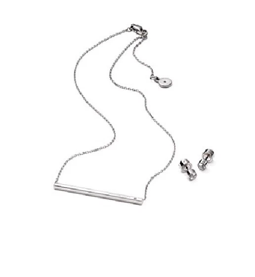 NUOVO MICHAEL KORS TONO ARGENTO SET DI 2 BARRE CIONDOLO COLLANA + ZIRCONE ORECCHINO MKJ4676