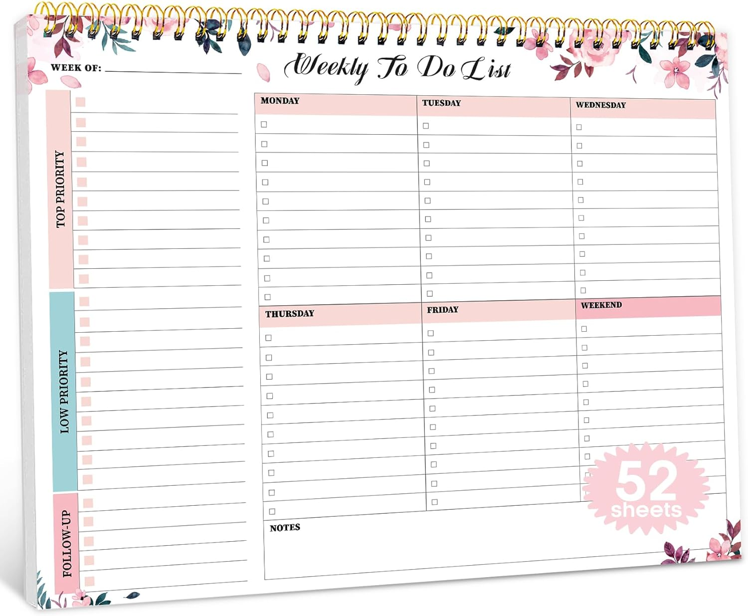 Weekly to Do List Notepad with 52 Undated Sheets（8.5