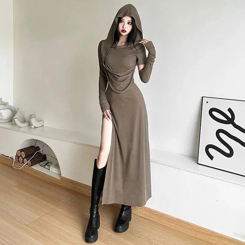Hooded Dress Long Dress Split Off Shoulder Sleeveless Outer