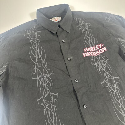 Harley Davidson Mens Large Embroidered Long Sleeve Button Up Shirt Tribal  Skulls