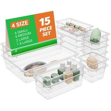 15 PCS Clear Plastic Drawer Organizer Set, 4-Size Acrylic Drawer Storage Tray...